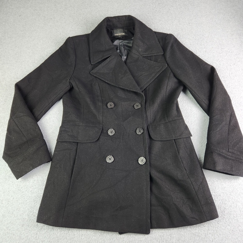 Jones New York Pea Coat Womens Size 10 Black Wool Blend Double Breasted 6 Button